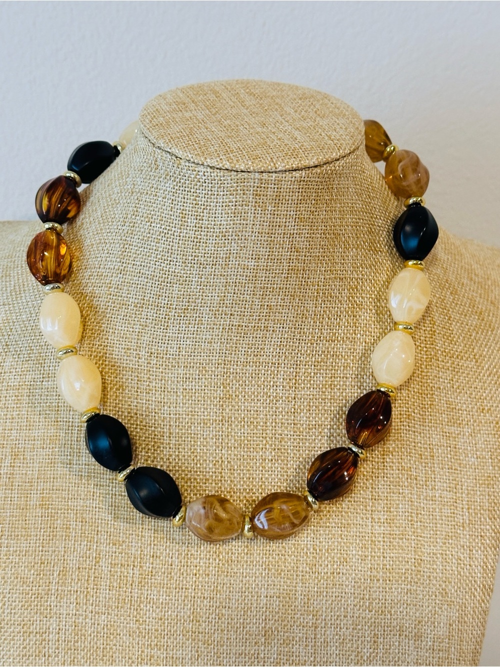 Fashion Jewelry Black, Amber & Cream Bead Necklace